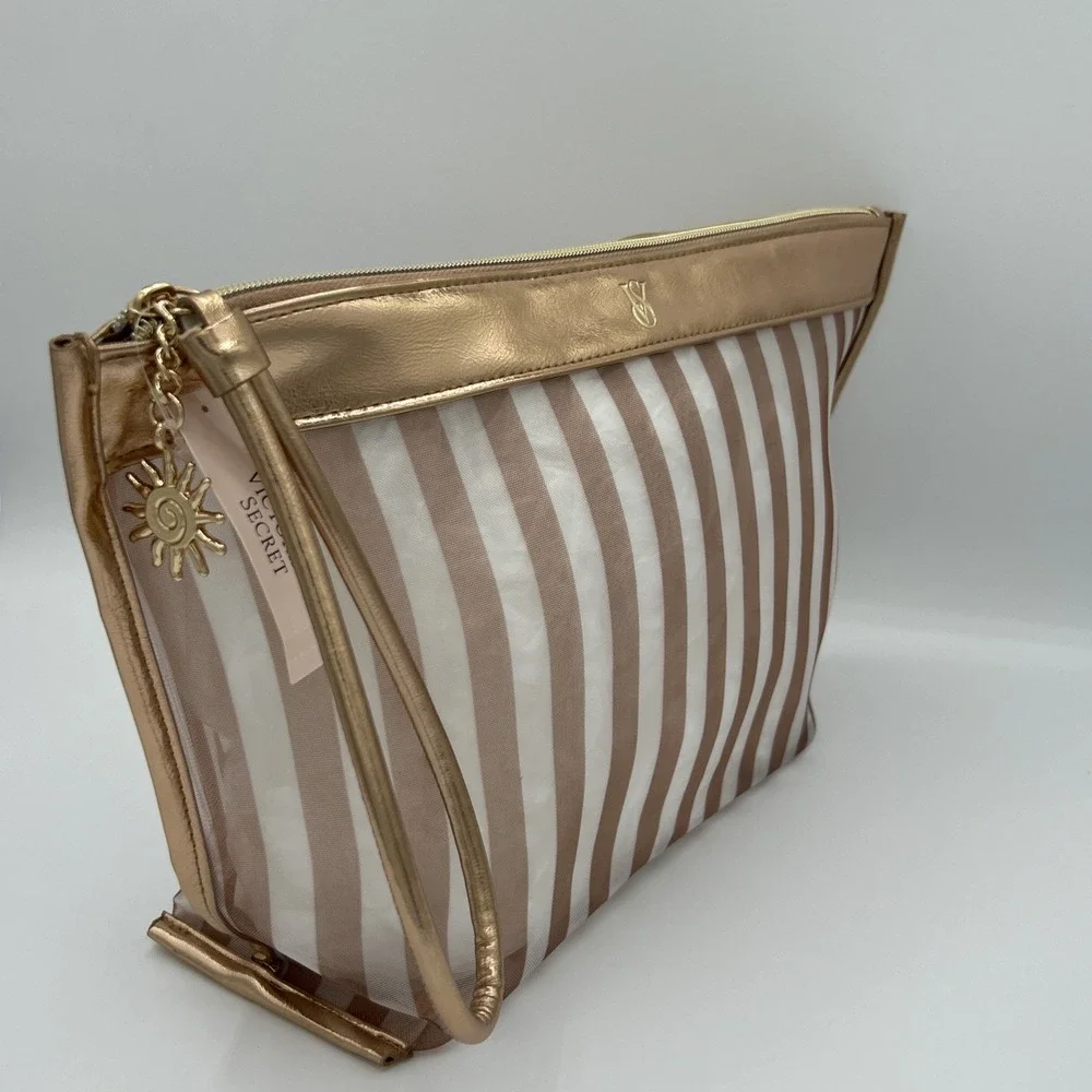 Victoria's Secret Striped Clear Cosmetic Bag Metallic Rose Gold Travel Pouch NWT